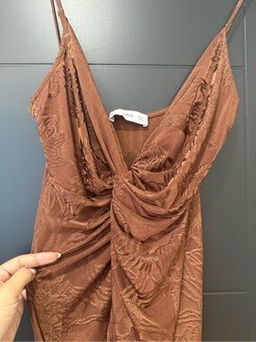 Mango Copper Brown Satin Jacquard Twist Slip Dress